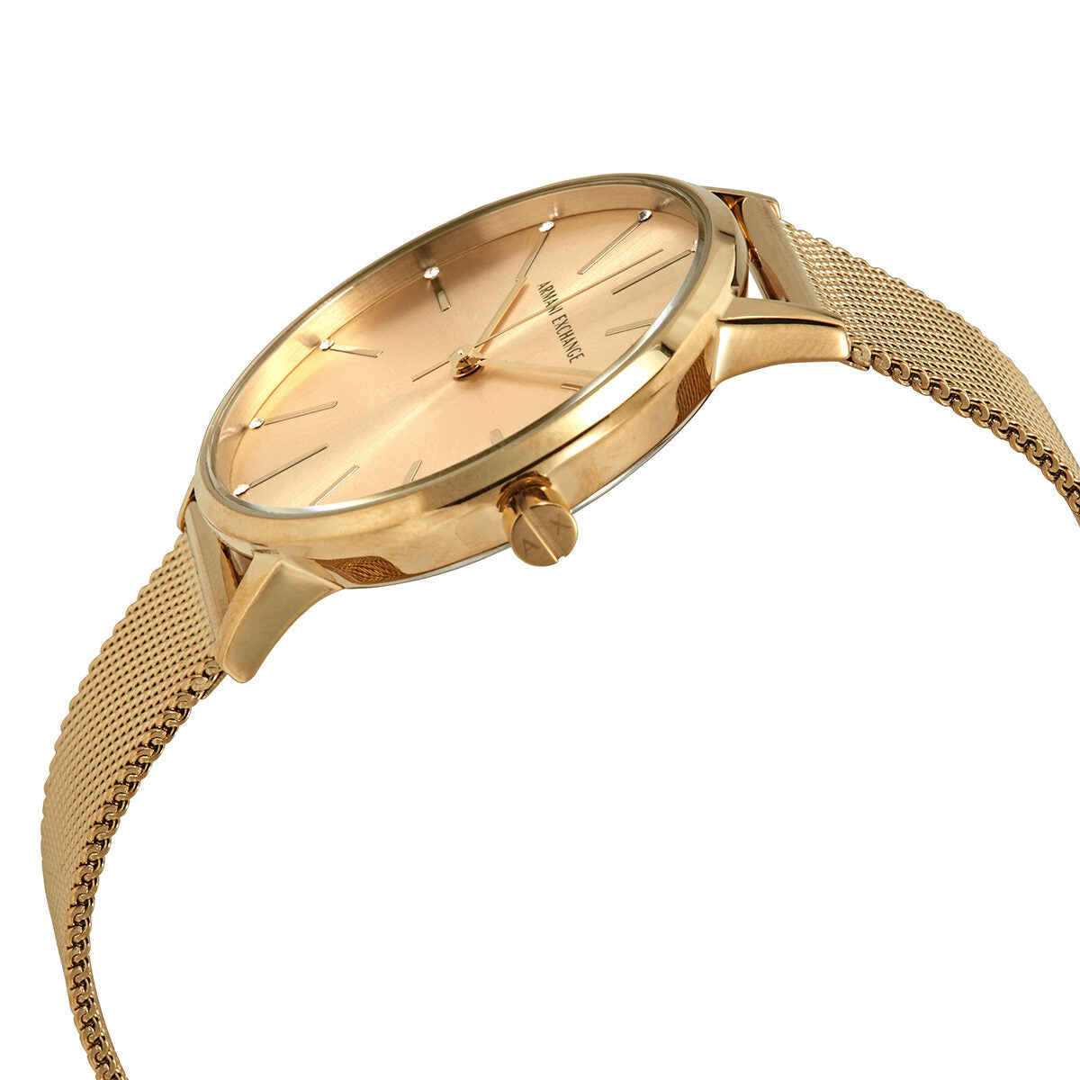 Armani Exchange AX5536 watch at angle showing gold mesh strap and round case profile