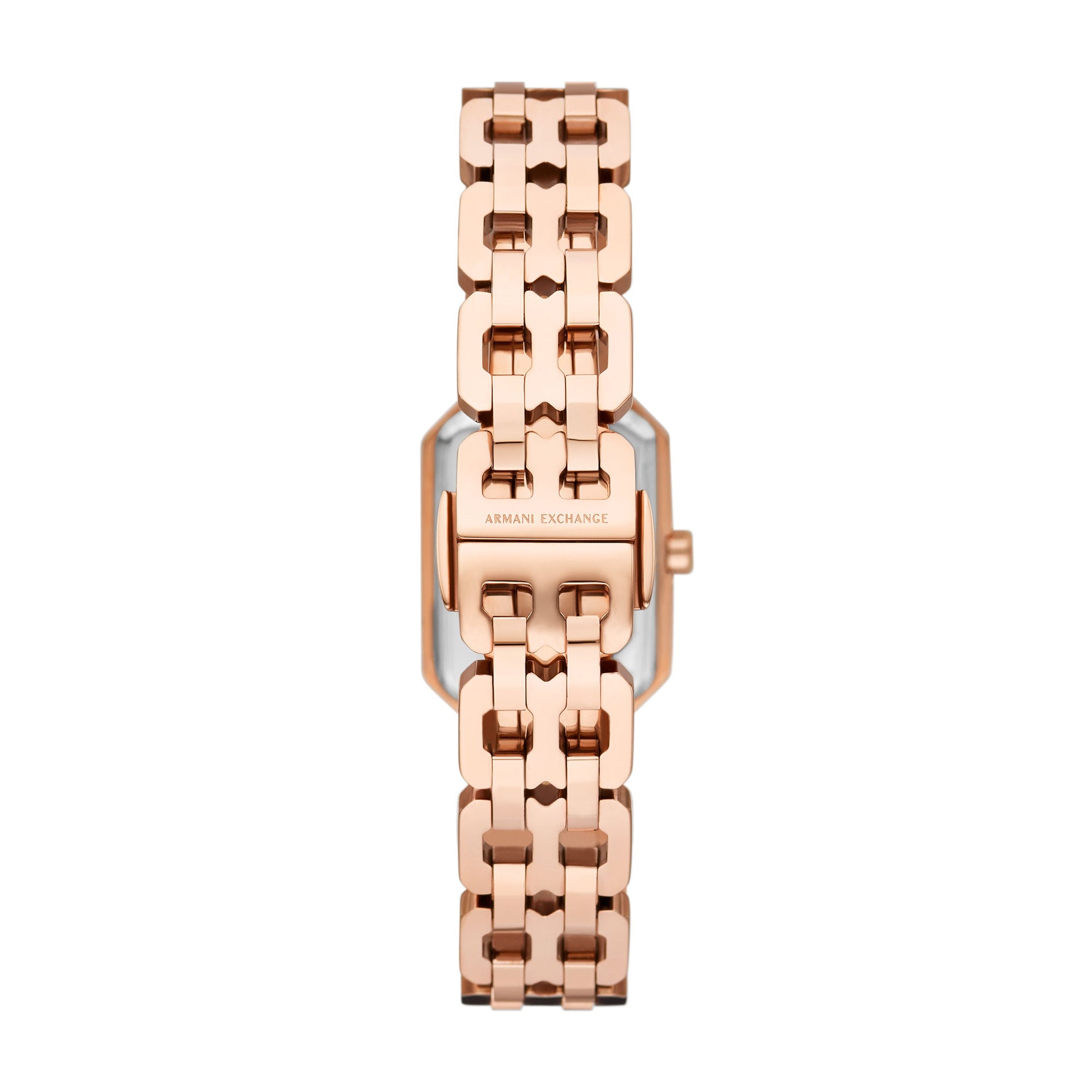 Armani Exchange Faye AX5814 rose gold bracelet strap with geometric link pattern and watch case
