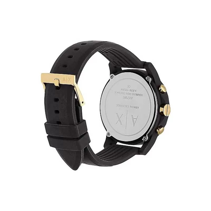 Armani Exchange AX7105 watch caseback showing quartz movement and gold-tone buckle