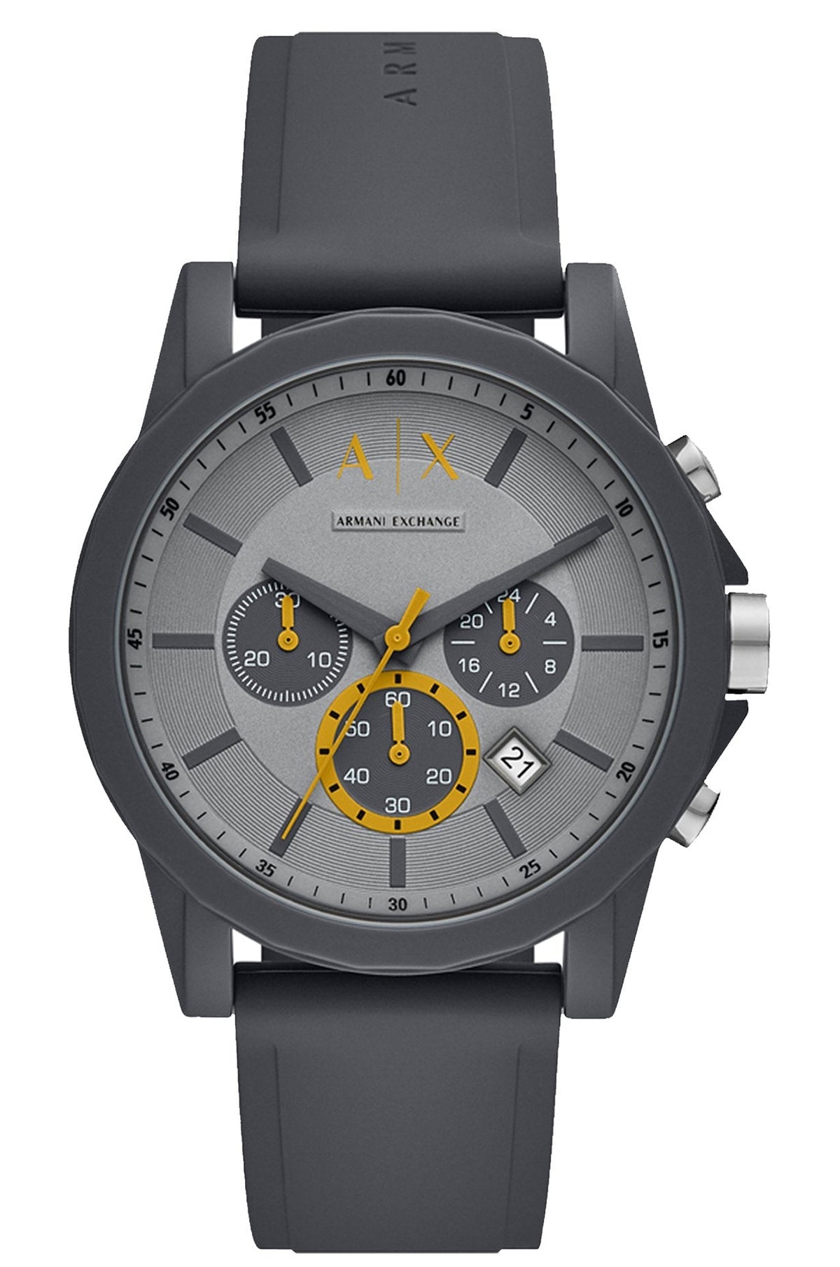 Armani Exchange AX7123 grey chronograph watch with yellow subdials on grey dial
