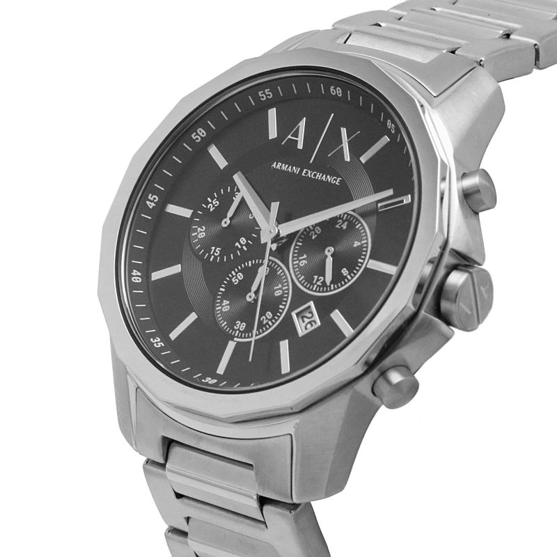 Armani Exchange Banks chronograph watch angled side view showing black dial and metal band