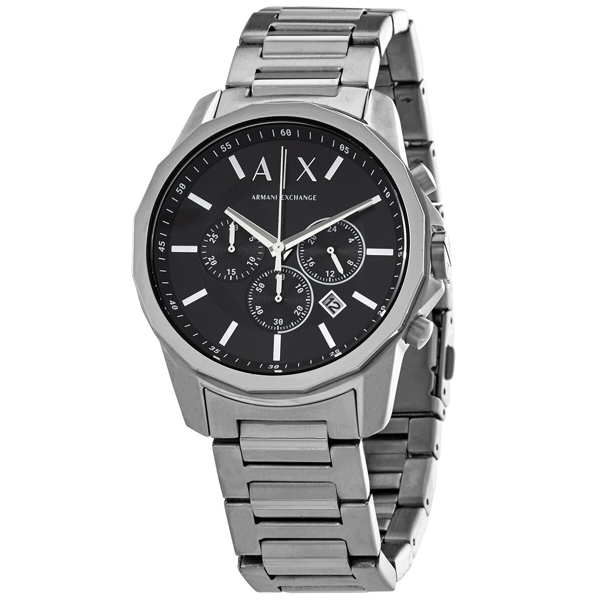 Armani Exchange Banks chronograph watch with black dial and stainless steel bracelet, front view