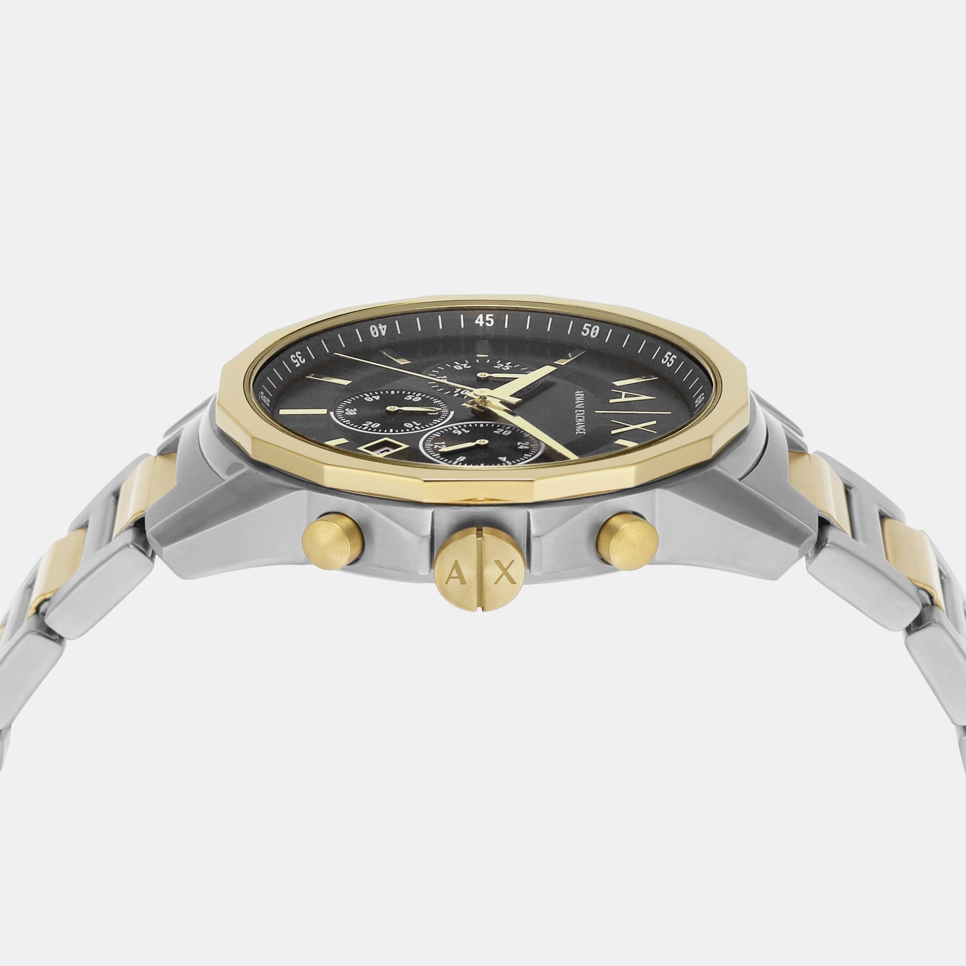 Side view of Armani Exchange Banks chronograph watch showing lugs, pushers and two-tone casing