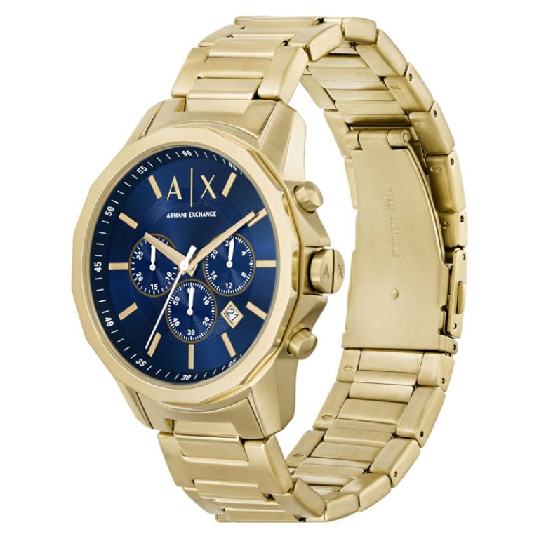 Armani Exchange Banks watch at angle showing gold stainless steel bracelet and blue dial