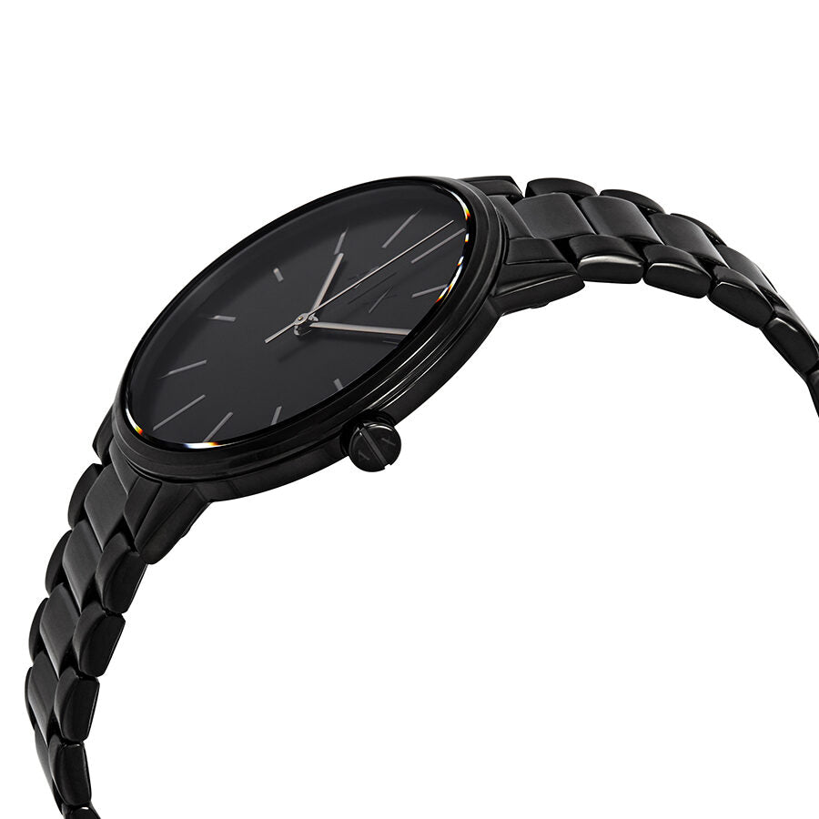 Armani Exchange Cayde watch at angle showing black case and bracelet profile
