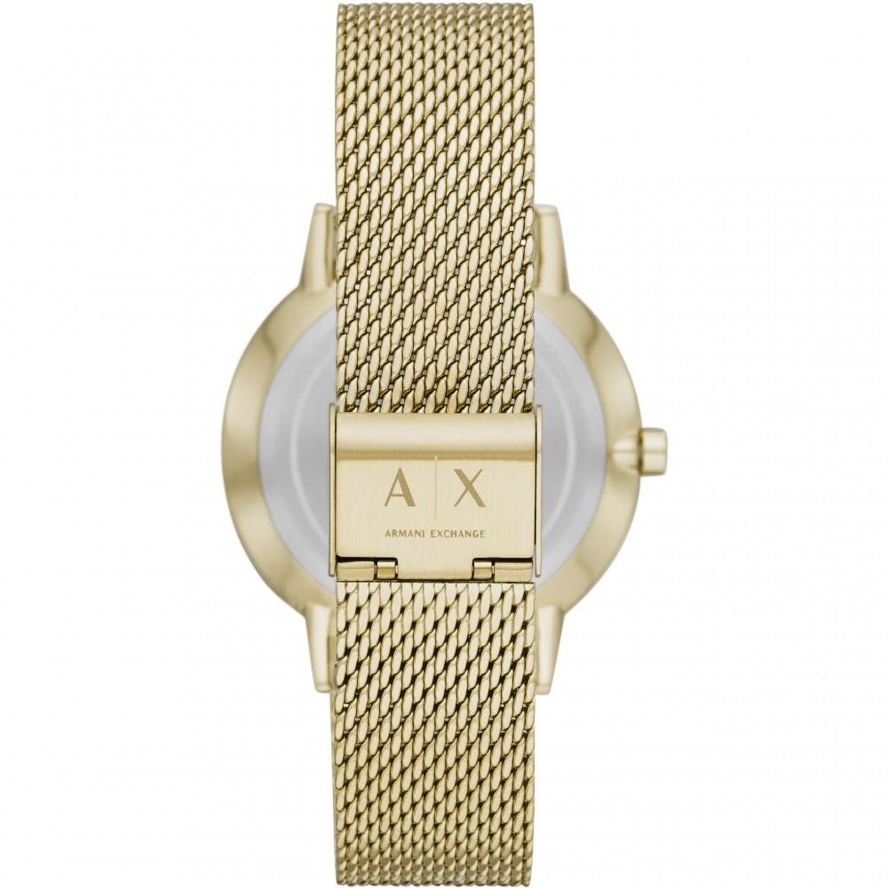 Caseback view of Armani Exchange Cayde AX2715 watch with gold mesh band