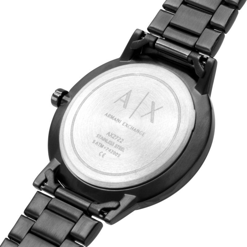 Armani Exchange Cayde AX2722 caseback engraved with model and warranty information