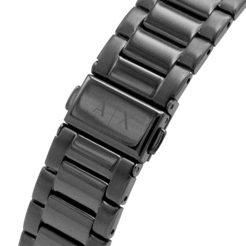 Close-up of Armani Exchange Cayde AX2722 gunmetal steel bracelet links and clasp