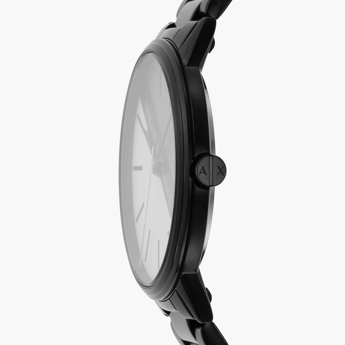 Armani Exchange Cayde watch shown from the side with black steel bracelet and thin case profile
