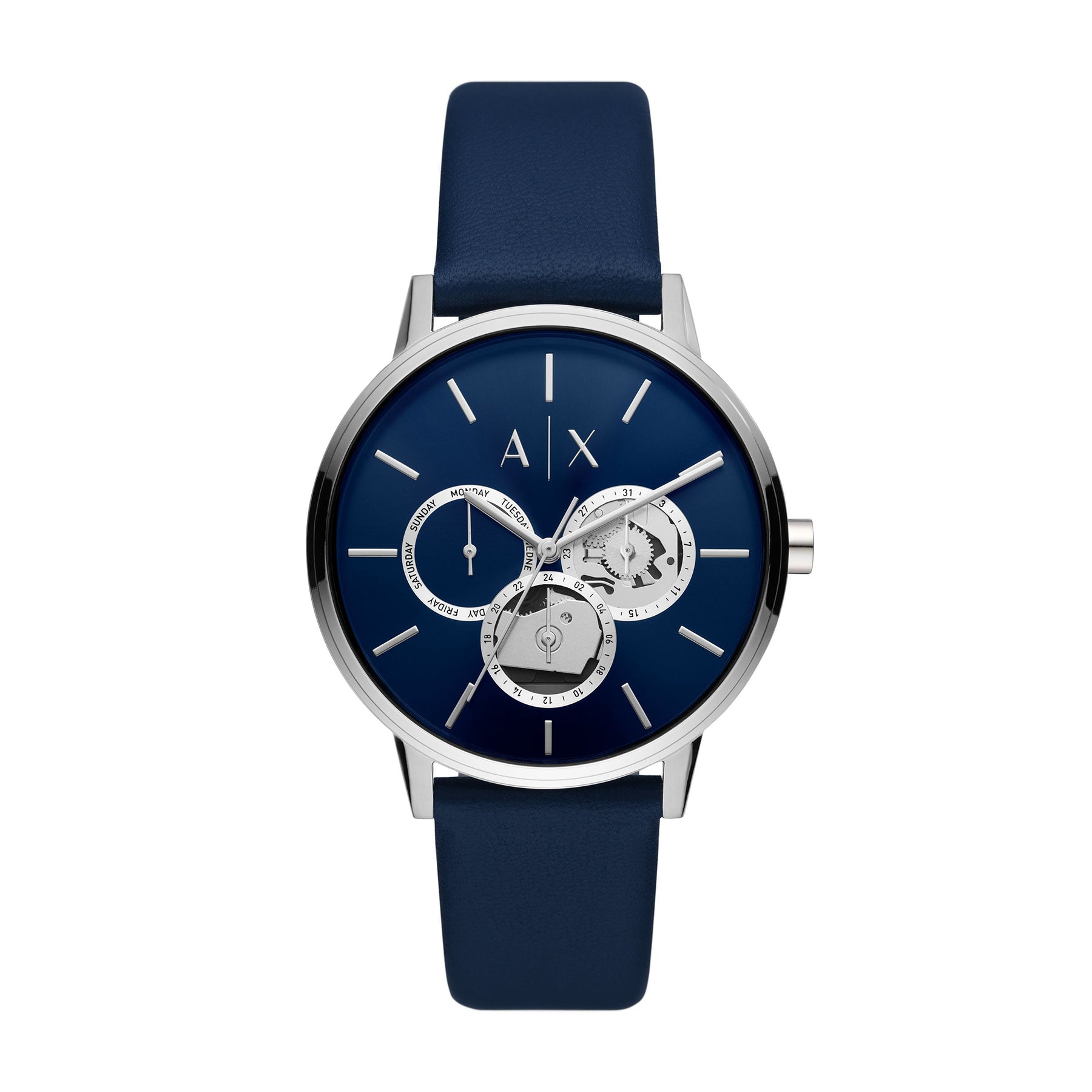 Armani Exchange Cayde multifunction watch with blue dial and silver case on blue leather strap