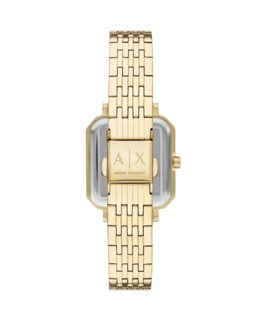 Armani Exchange Cayde AX5725 gold-tone watch with rectangular case at angle
