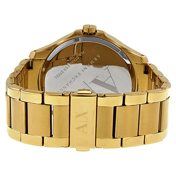 Armani Exchange Hampton AX2122 caseback showing gold PVD stainless steel and engraved AX logo