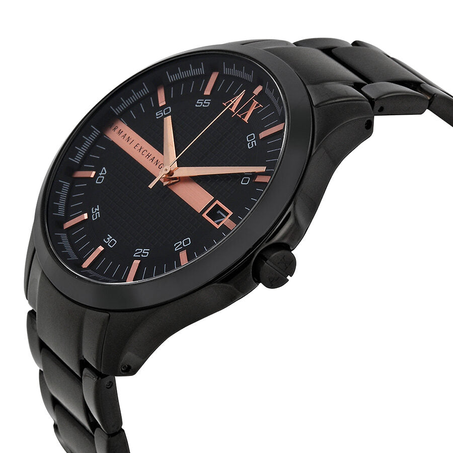 Angled view of Armani Exchange Hampton watch showing black dial with rose accents and side profile