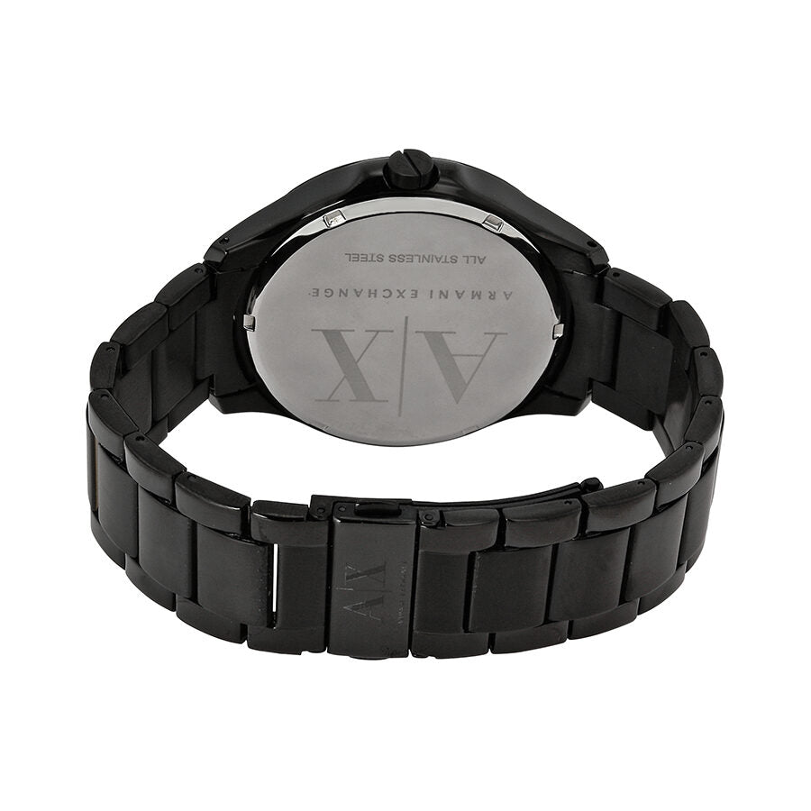 Caseback of Armani Exchange Hampton watch with ion-plated black bracelet visible