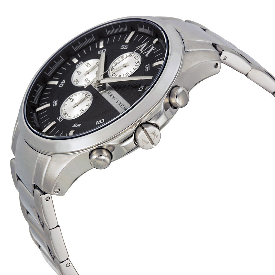 Side angle view of Armani Exchange Hampton chronograph showing silver stainless steel case and bracelet