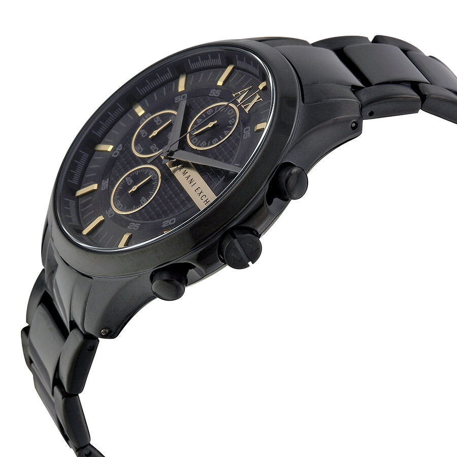 Side angle view of AX2164 showing chronograph subdials and black metal bracelet