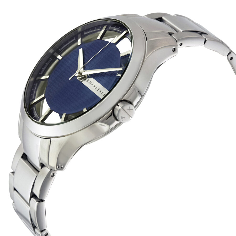 Side angle view of Armani Exchange Hampton watch showing silver steel case and bracelet