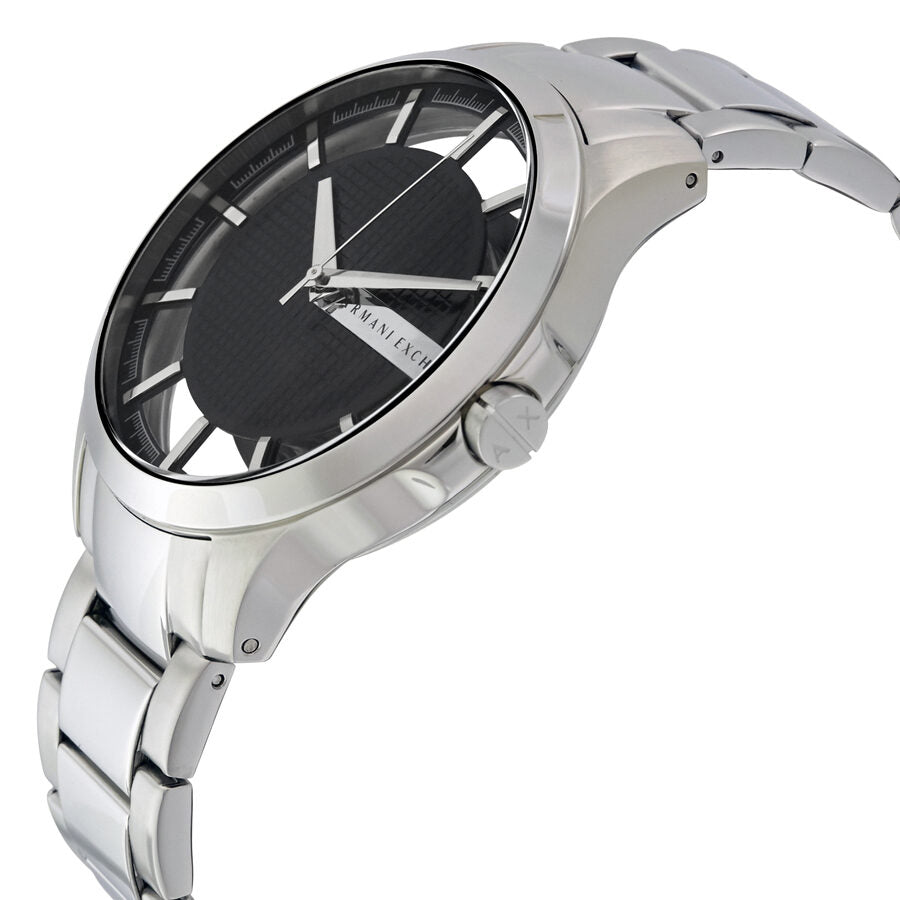 Armani Exchange Hampton AX2179 watch shown at angle displaying silver steel strap and case profile