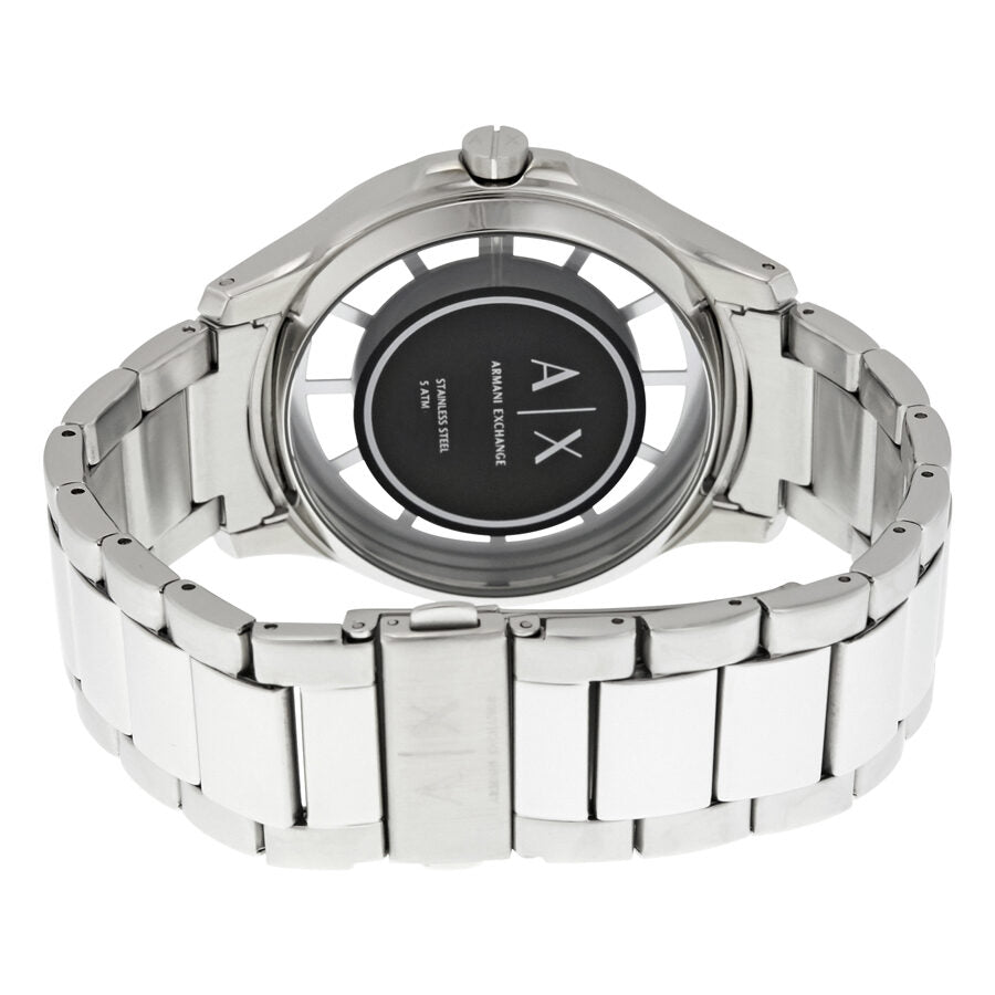 Armani Exchange Hampton AX2179 caseback view showing silver stainless steel band and case