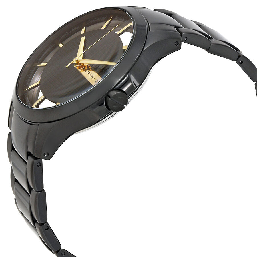 Side angle view of Armani Exchange Hampton watch showing black case and bracelet with gold accents