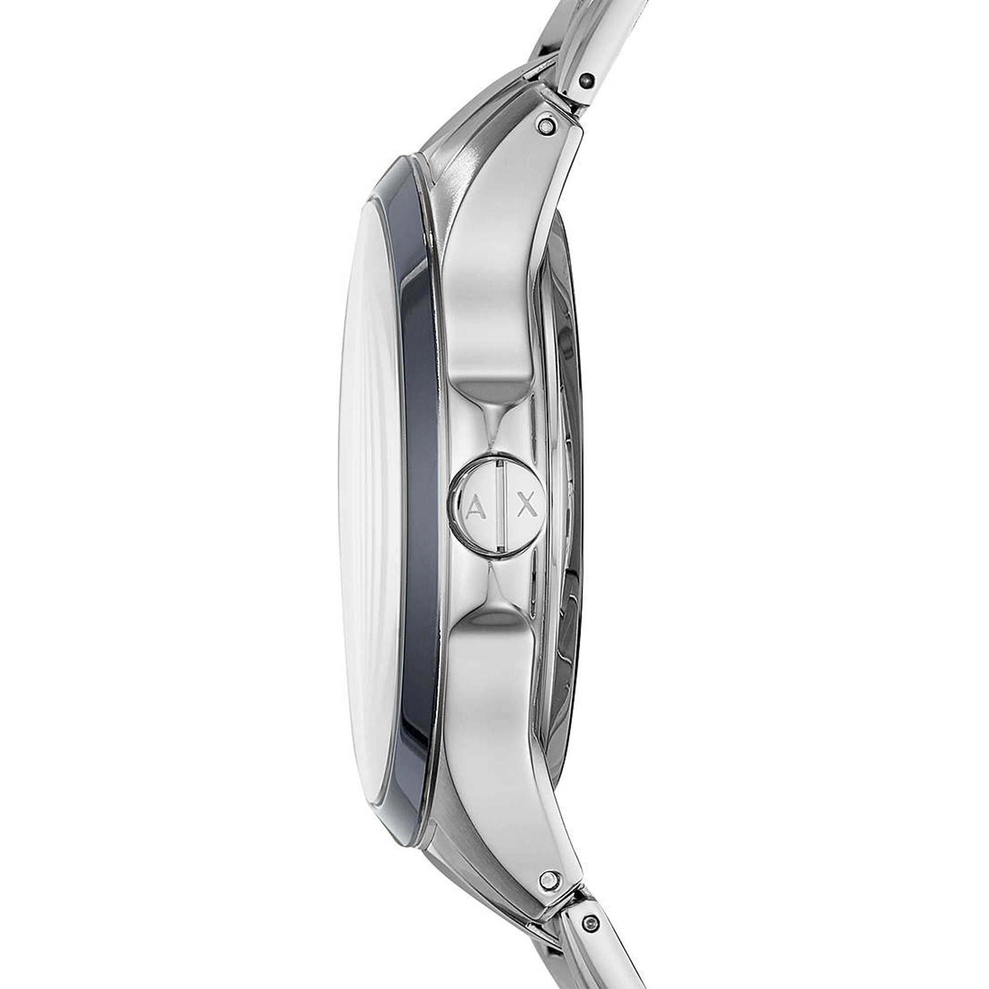 Side profile view of Armani Exchange Hampton watch showing thin case and metal bracelet