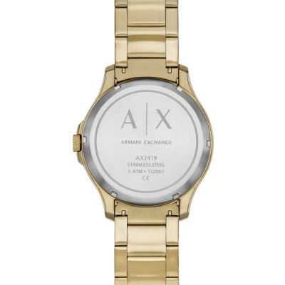 Armani Exchange Hampton caseback displaying AX2419 model and stainless steel marking