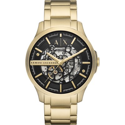 Armani Exchange Hampton gold automatic watch with black skeleton dial and bracelet