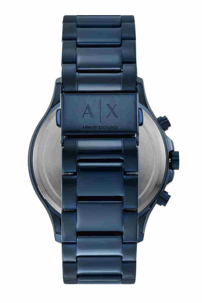 Caseback view of Armani Exchange Hampton chronograph with blue stainless steel bracelet