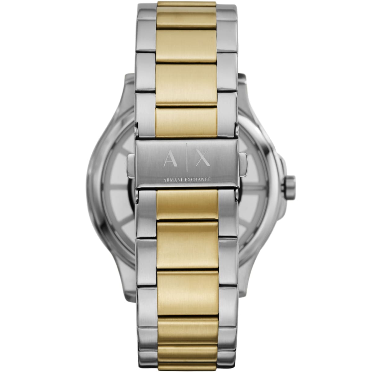 Armani Exchange Hampton two-tone watch side view showing case and bracelet construction