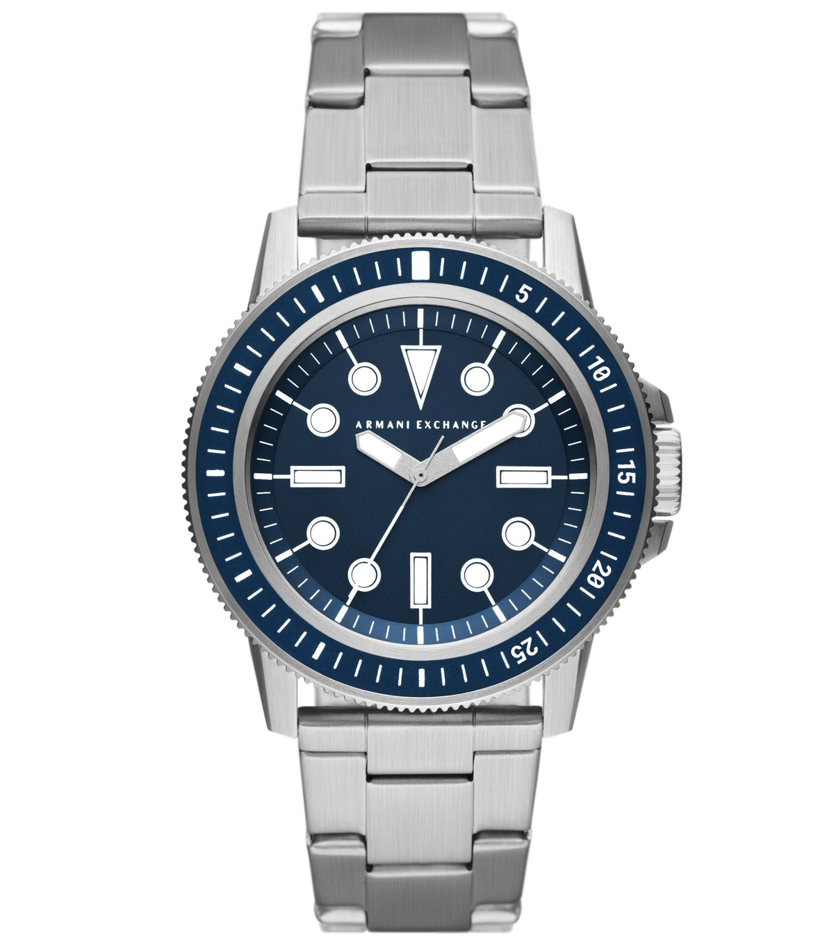 Armani Exchange Leonardo AX1861 watch front view with steel bracelet and navy dial