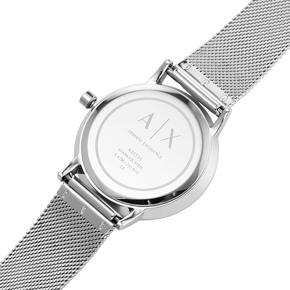 Armani Exchange AX5535 caseback showing engraved logo and specifications on silver case