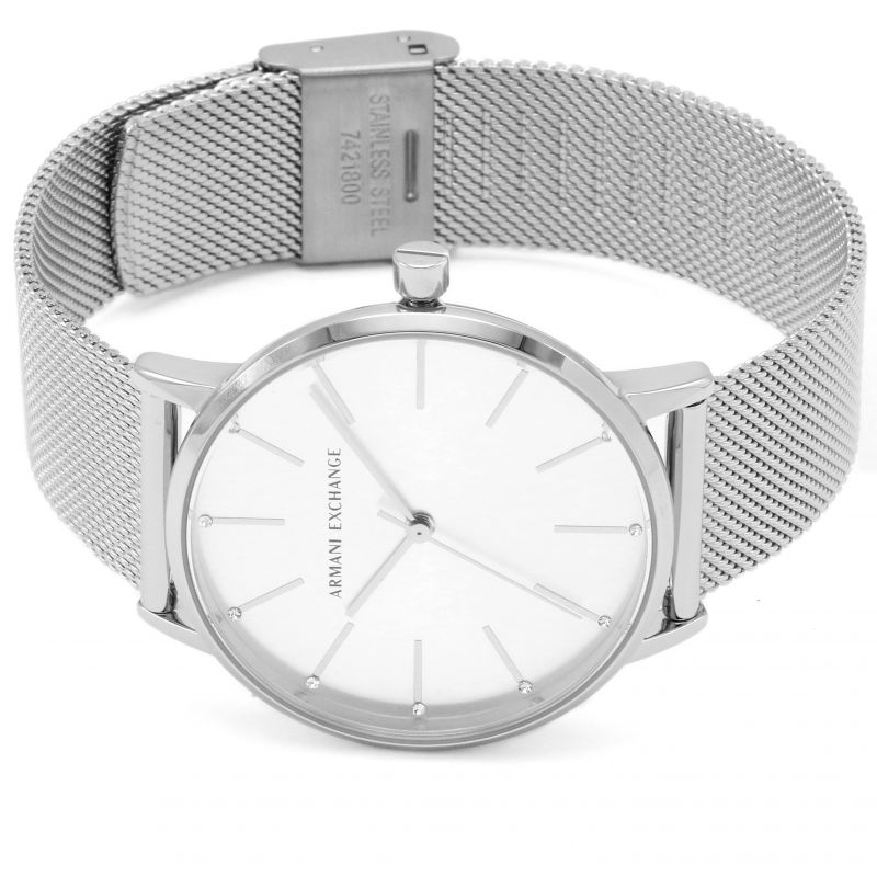 Armani Exchange Lola watch AX5535 displayed with mesh bracelet showing deployment clasp