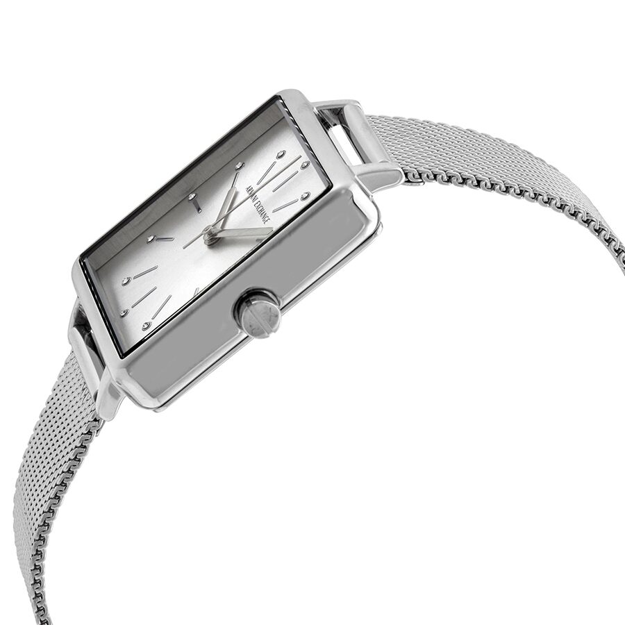 Armani Exchange Lola watch side view showing square case and mesh bracelet