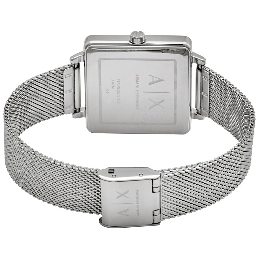 Armani Exchange Lola watch worn on wrist with mesh strap and caseback visible