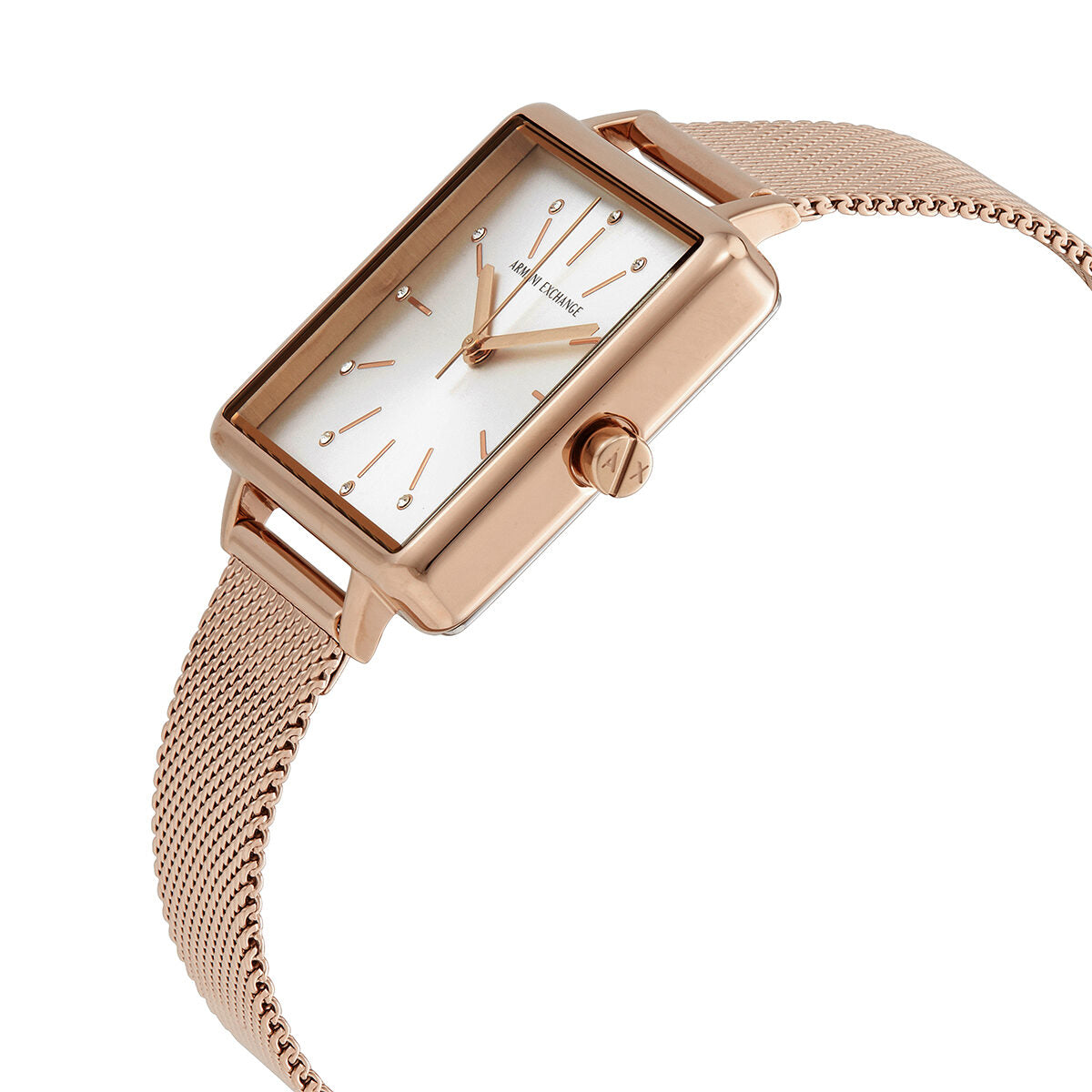 Armani Exchange Lola watch angled view showing square case, silver dial, and rose gold mesh bracelet