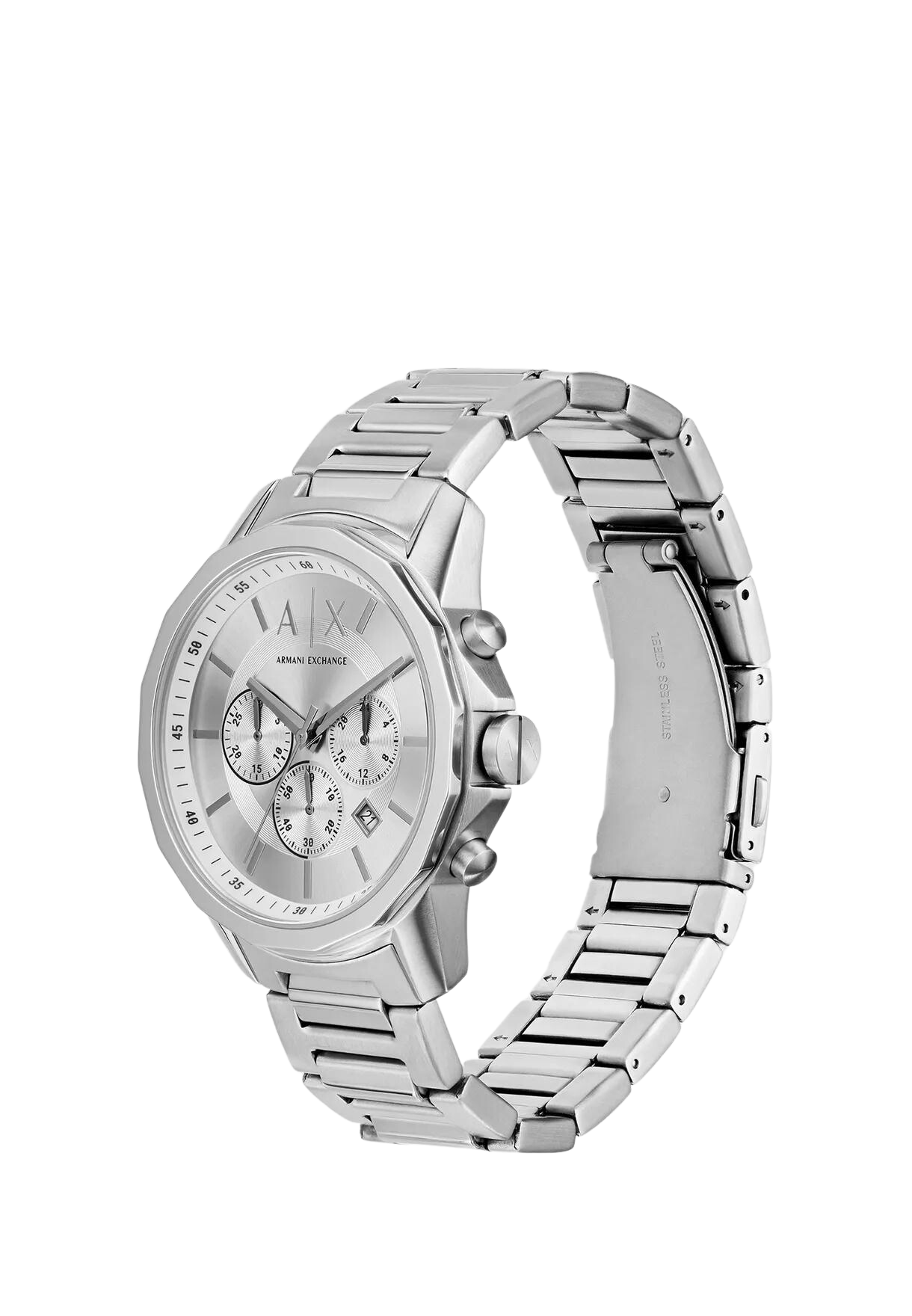 Armani Exchange Outerbanks AX7141 silver chronograph watch three-quarter angle view