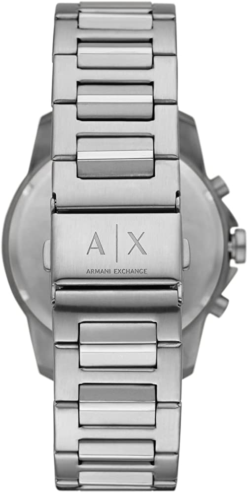Armani Exchange Outerbanks AX7141 watch caseback showing steel bracelet and push button chronograph