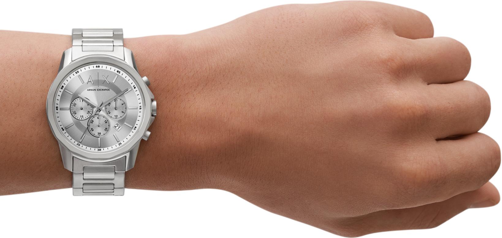 Armani Exchange Outerbanks AX7141 silver chronograph watch worn on wrist