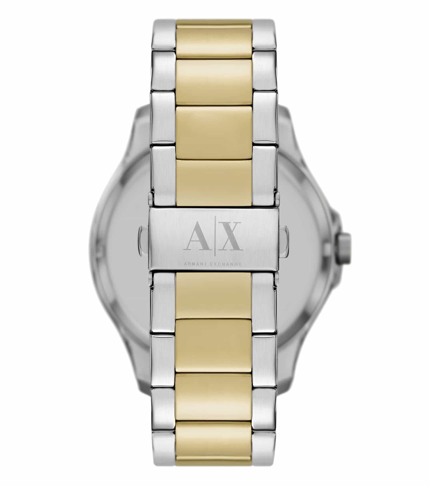 Armani Exchange Hampton AX2453 caseback view showing two-tone bracelet and AX logo