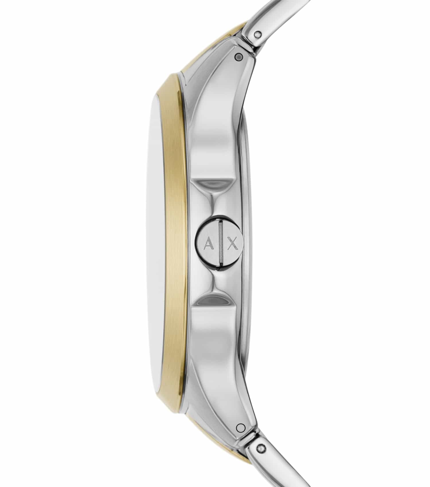 Side profile view of Armani Exchange Hampton AX2453 showing two-tone case and bracelet