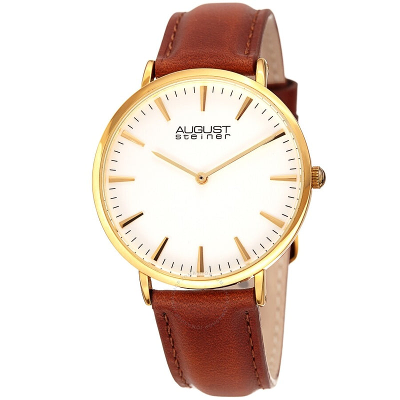 August Steiner Quartz White Dial Brown Leather Ladies Watch AS8247YGBR - The Watches Men & Co