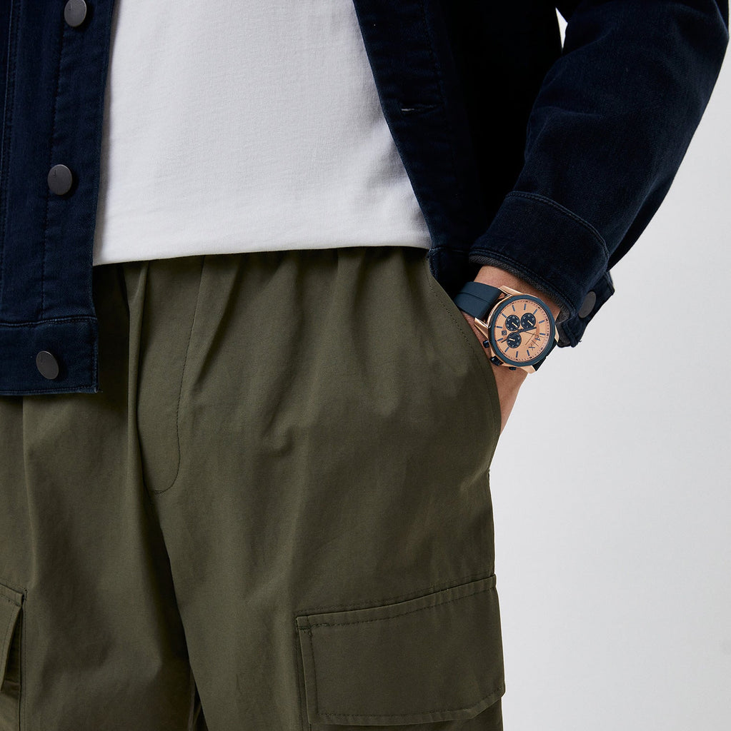 Armani Exchange AX1730 Hampton chronograph worn on wrist with rose gold and navy design
