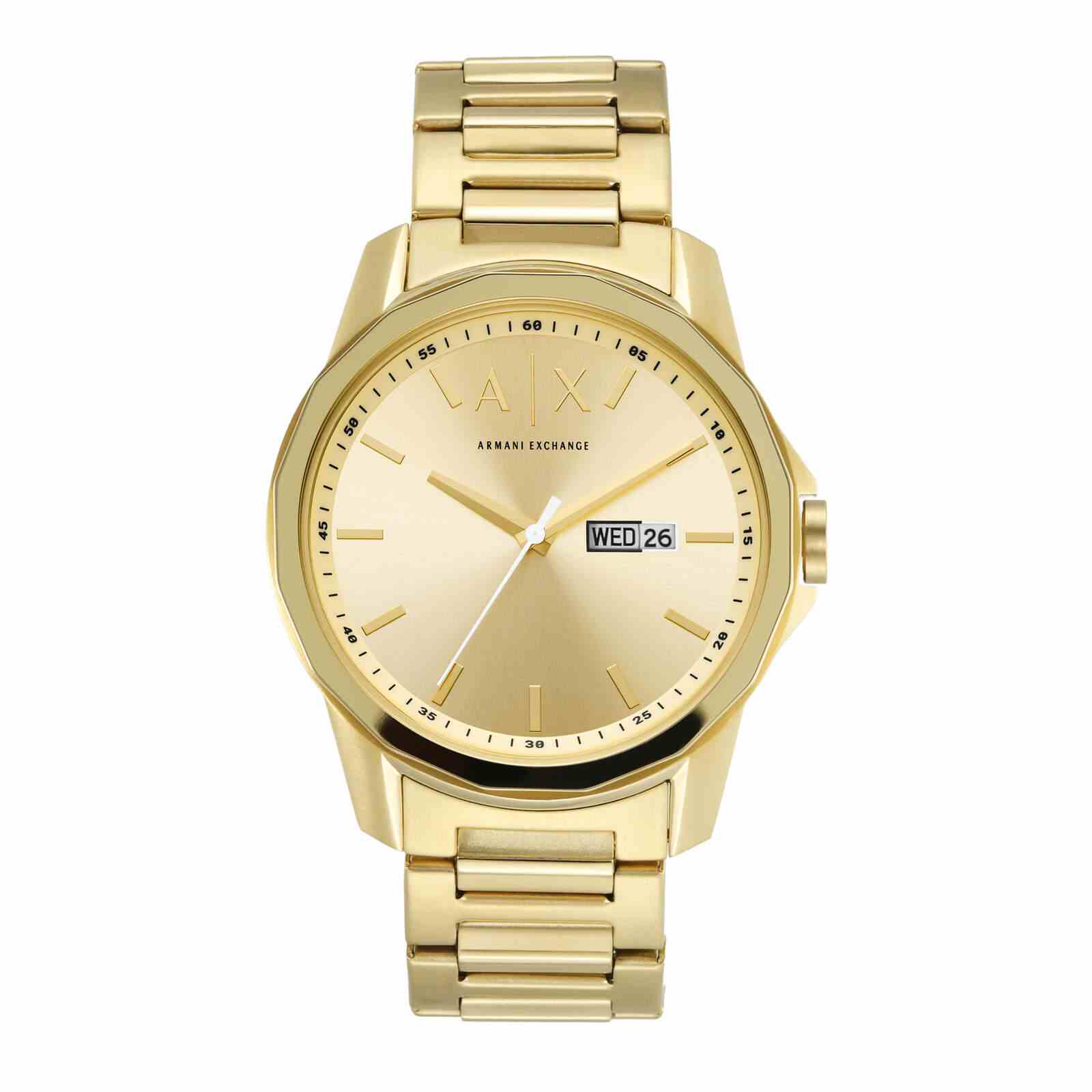 Armani Exchange Banks AX1734 gold men's watch with day-date dial and gold stainless steel bracelet