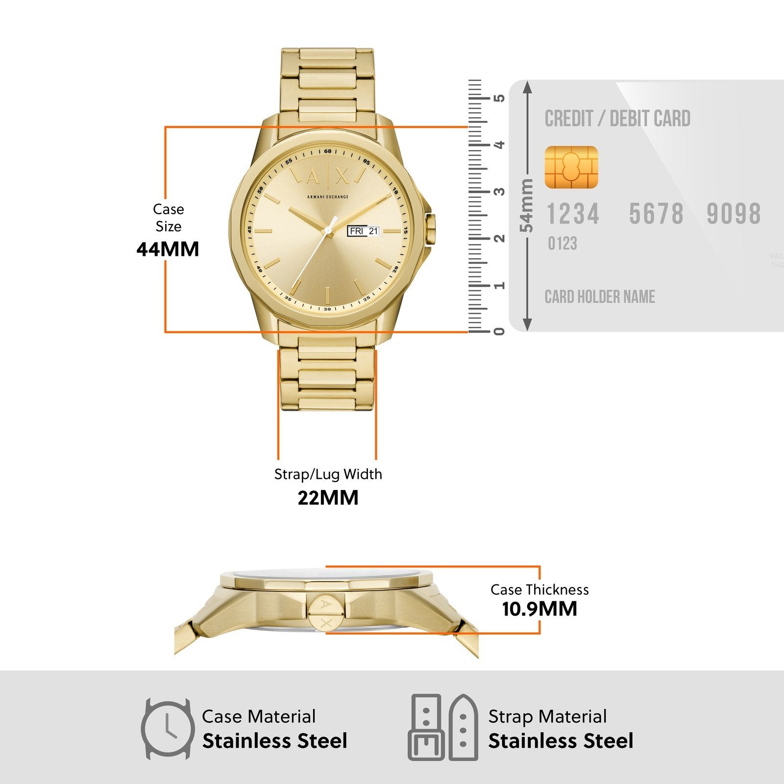 Armani Exchange Banks AX1734 specifications showing 44mm case, 10.9mm thickness, stainless steel materials