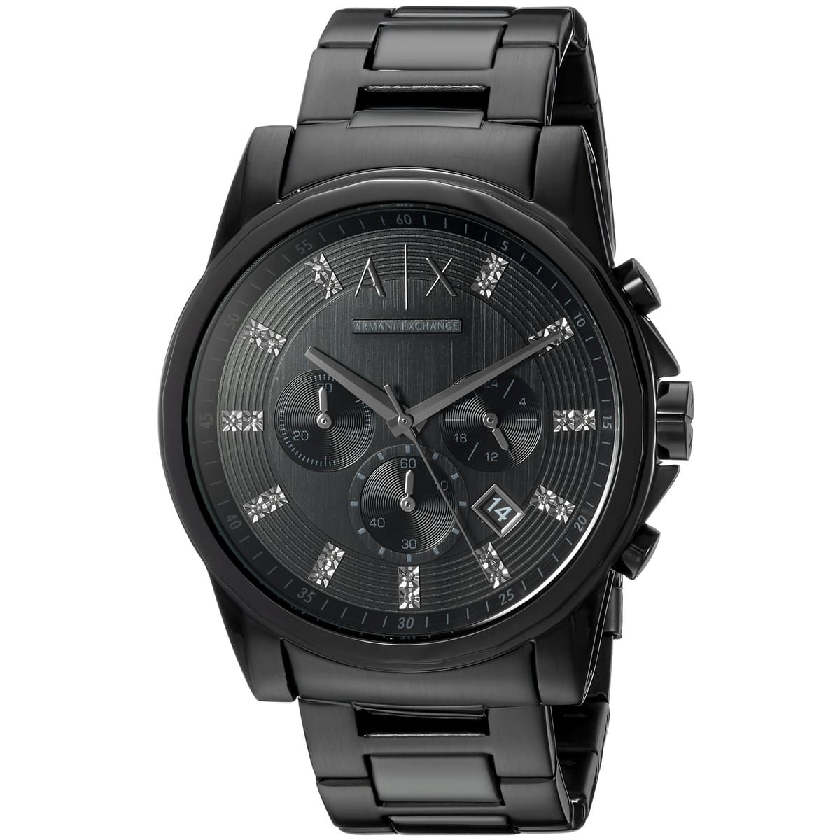 Armani Exchange AX2093 three-quarter view showing dial detail and metal bracelet