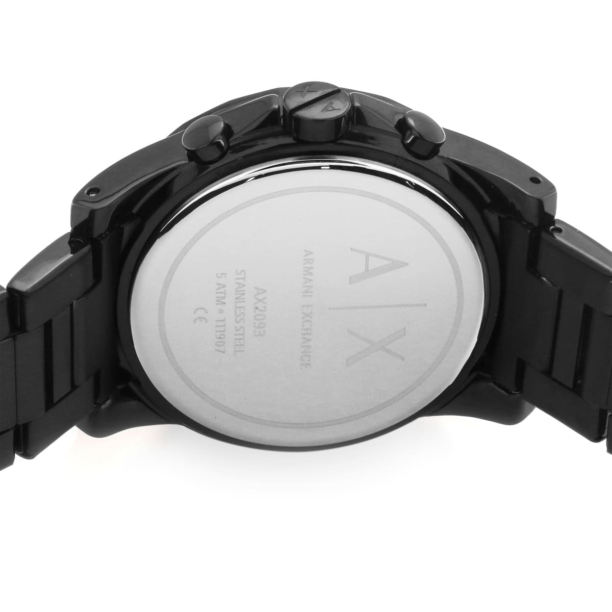 Transparent caseback of chronograph watch revealing inner case details