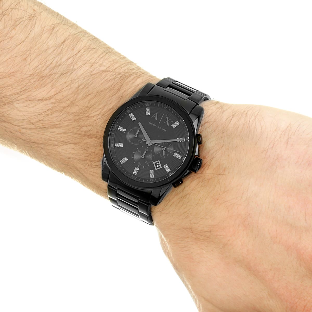 AX2093 chronograph watch on wrist showing black dial and metal bracelet fit