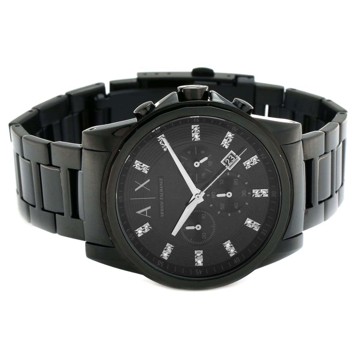 AX2093 chronograph watch worn on wrist with black metal bracelet