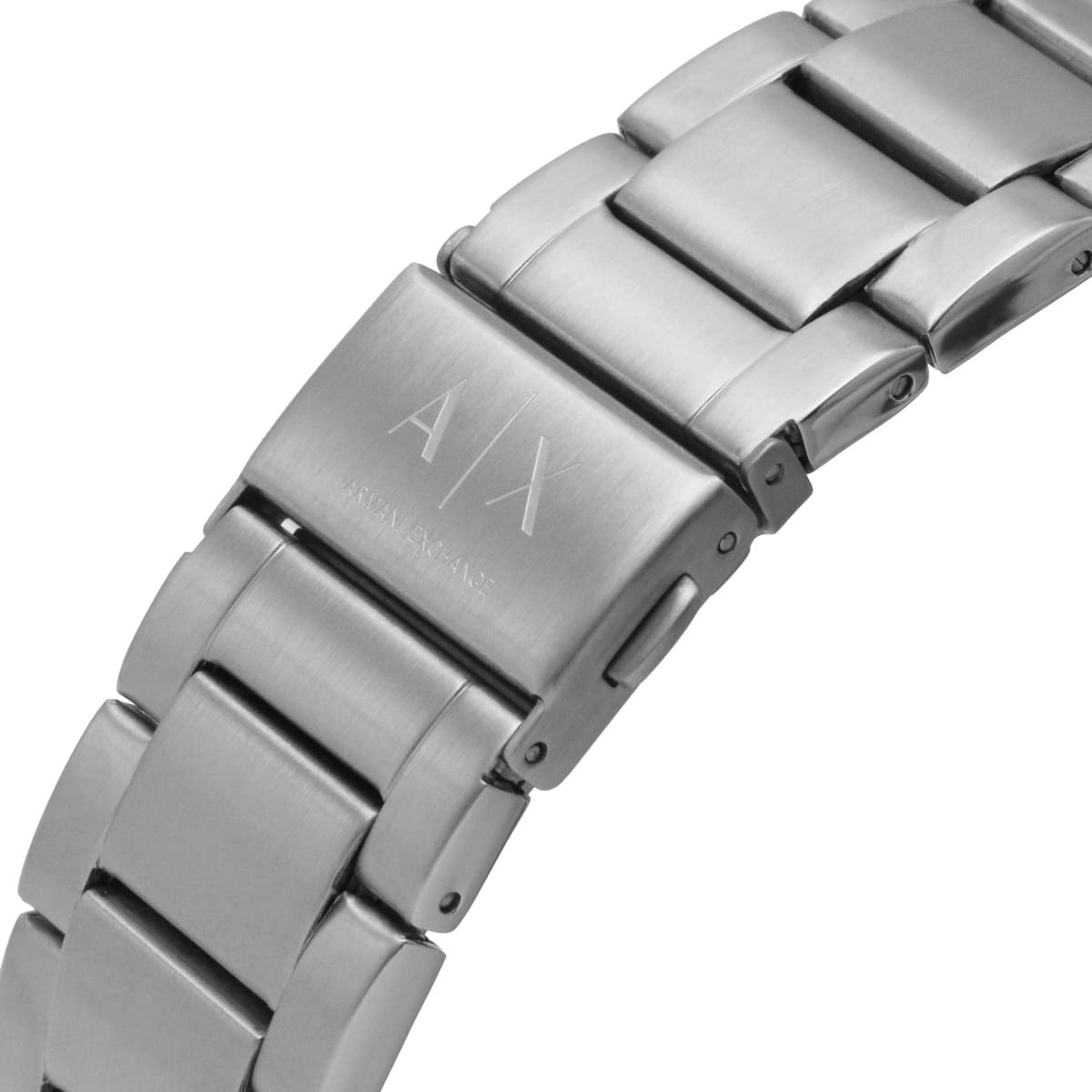 Armani Exchange stainless steel bracelet detail with Armani Exchange logo