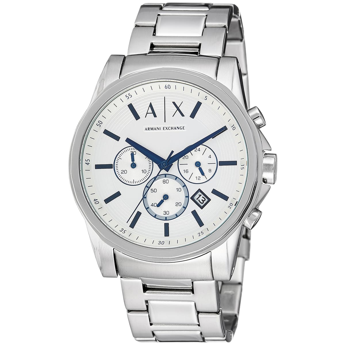 AX2510 Armani Exchange chronograph watch angled view showing white dial with three subdials and stainless steel bracelet